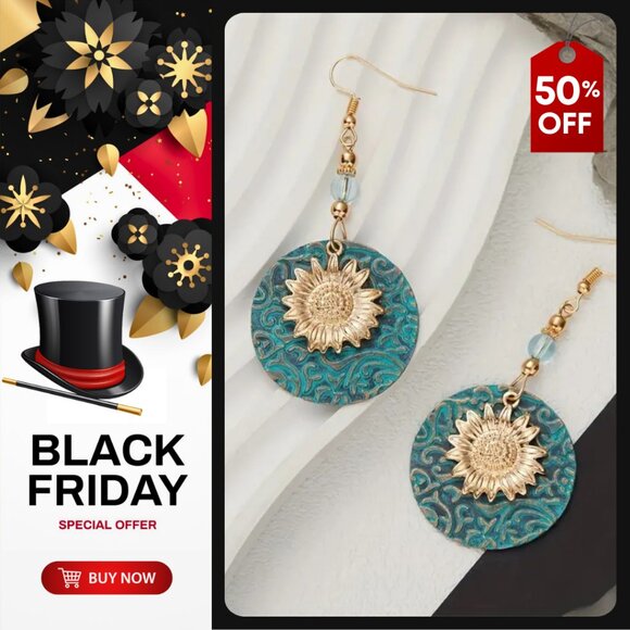 💣Bohemian Sunflower Vintage Design Drop Earrings Jewelry Gifts | Turquoise/Gold - Picture 1 of 10